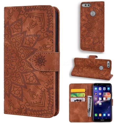 Retro Embossing Mandala Flower Leather Wallet Case for Huawei Honor 7X - Brown
