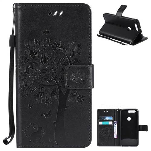 Embossing Butterfly Tree Leather Wallet Case for Huawei Honor 8 - Black