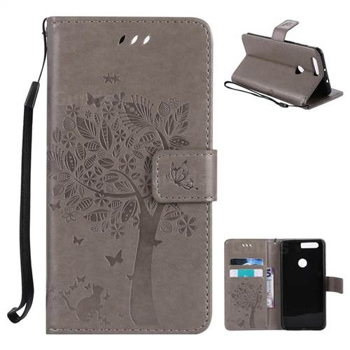 Embossing Butterfly Tree Leather Wallet Case for Huawei Honor 8 - Grey