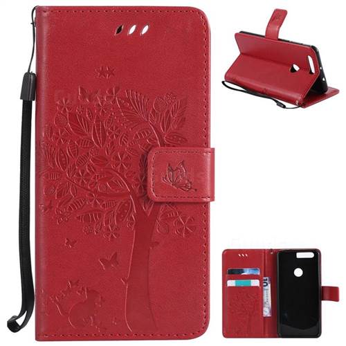 Embossing Butterfly Tree Leather Wallet Case for Huawei Honor 8 - Red