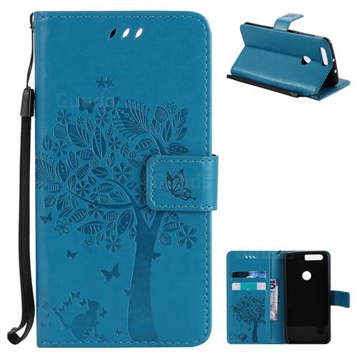 Embossing Butterfly Tree Leather Wallet Case for Huawei Honor 8 - Blue