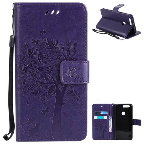 Embossing Butterfly Tree Leather Wallet Case for Huawei Honor 8 - Purple