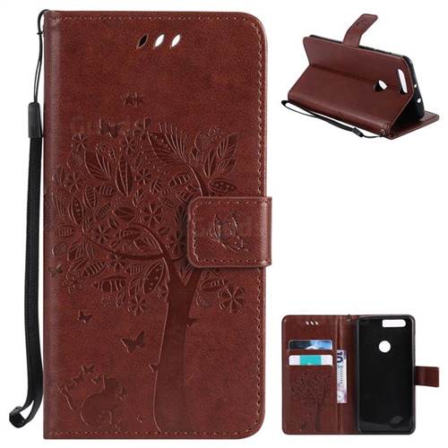 Embossing Butterfly Tree Leather Wallet Case for Huawei Honor 8 - Brown