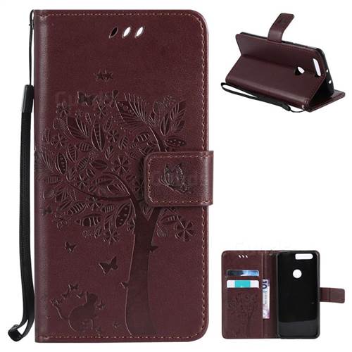 Embossing Butterfly Tree Leather Wallet Case for Huawei Honor 8 - Coffee