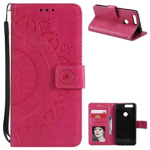 Intricate Embossing Datura Leather Wallet Case for Huawei Honor 8 - Rose Red