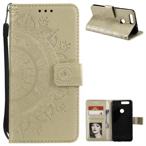 Intricate Embossing Datura Leather Wallet Case for Huawei Honor 8 - Golden