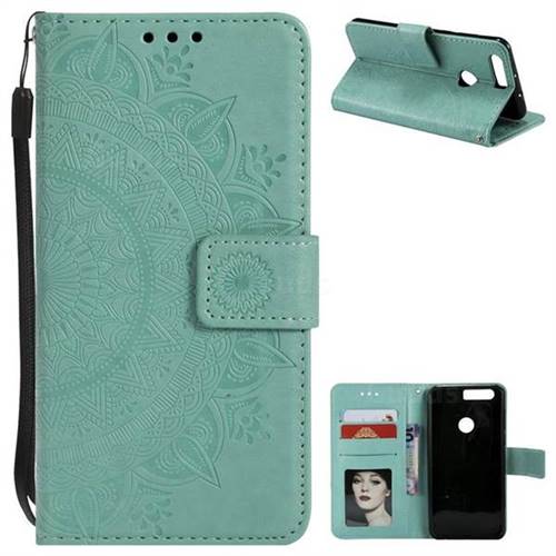 Intricate Embossing Datura Leather Wallet Case for Huawei Honor 8 - Mint Green