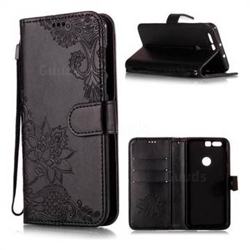 Intricate Embossing Lotus Mandala Flower Leather Wallet Case for Huawei Honor 8 - Black