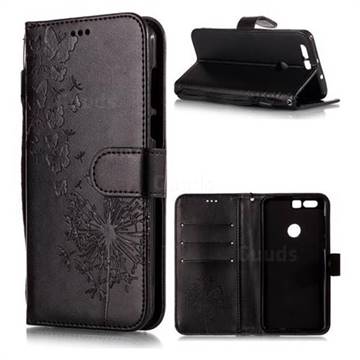 Intricate Embossing Dandelion Butterfly Leather Wallet Case for Huawei Honor 8 - Black
