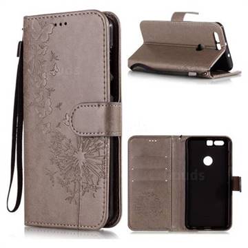 Intricate Embossing Dandelion Butterfly Leather Wallet Case for Huawei Honor 8 - Gray