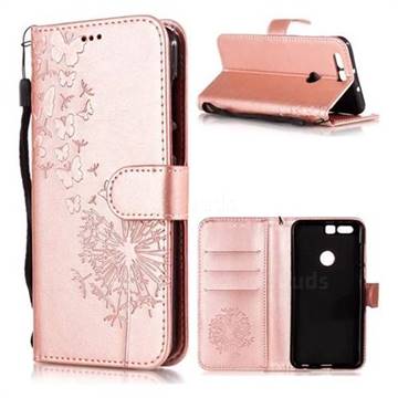 Intricate Embossing Dandelion Butterfly Leather Wallet Case for Huawei Honor 8 - Rose Gold