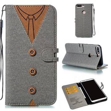 Mens Button Clothing Style Leather Wallet Phone Case for Huawei Honor 8 - Gray