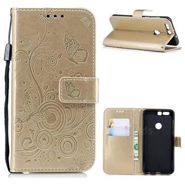 Intricate Embossing Butterfly Circle Leather Wallet Case for Huawei Honor 8 - Champagne