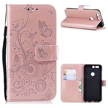 Intricate Embossing Butterfly Circle Leather Wallet Case for Huawei Honor 8 - Rose Gold
