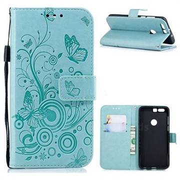 Intricate Embossing Butterfly Circle Leather Wallet Case for Huawei Honor 8 - Cyan