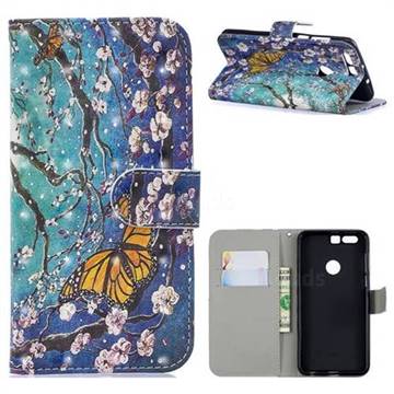 Blue Butterfly 3D Painted Leather Phone Wallet Case for Huawei Honor 8