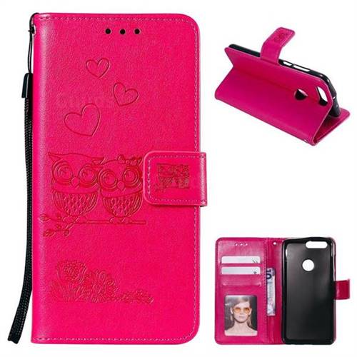 Embossing Owl Couple Flower Leather Wallet Case for Huawei Honor 8 - Red
