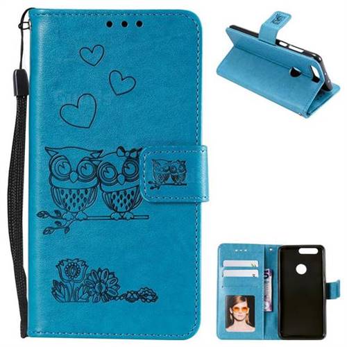 Embossing Owl Couple Flower Leather Wallet Case for Huawei Honor 8 - Blue