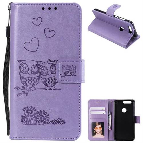 Embossing Owl Couple Flower Leather Wallet Case for Huawei Honor 8 - Purple