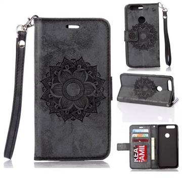 Embossing Retro Matte Mandala Flower Leather Wallet Case for Huawei Honor 8 - Black