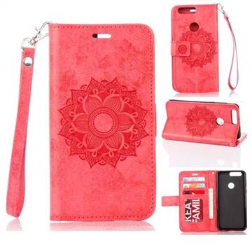 Embossing Retro Matte Mandala Flower Leather Wallet Case for Huawei Honor 8 - Red