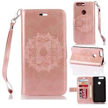 Embossing Retro Matte Mandala Flower Leather Wallet Case for Huawei Honor 8 - Rose Gold