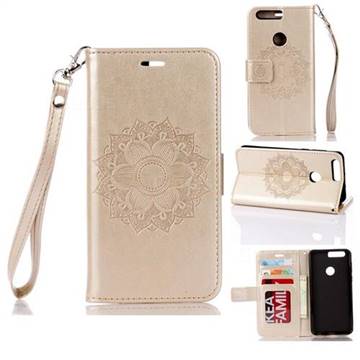 Embossing Retro Matte Mandala Flower Leather Wallet Case for Huawei Honor 8 - Golden