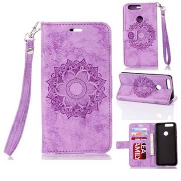 Embossing Retro Matte Mandala Flower Leather Wallet Case for Huawei Honor 8 - Purple