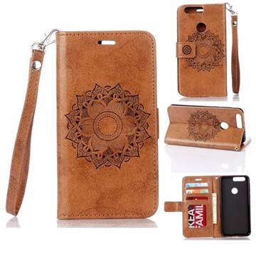 Embossing Retro Matte Mandala Flower Leather Wallet Case for Huawei Honor 8 - Brown