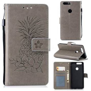 Embossing Flower Pineapple Leather Wallet Case for Huawei Honor 8 - Gray