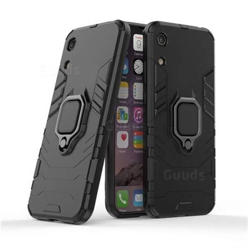 Black Panther Armor Metal Ring Grip Shockproof Dual Layer Rugged Hard Cover for Huawei Honor 8A - Black
