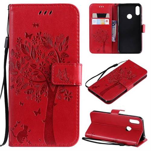 Embossing Butterfly Tree Leather Wallet Case for Huawei Honor 8A - Red