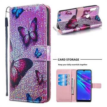 Blue Butterfly Sequins Painted Leather Wallet Case for Huawei Honor 8A