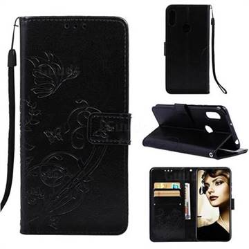 Embossing Butterfly Flower Leather Wallet Case for Huawei Honor 8A - Black