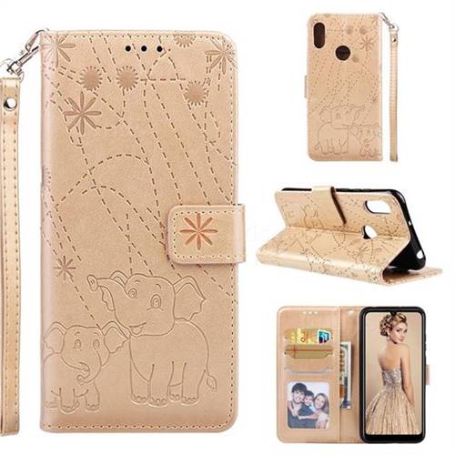 Embossing Fireworks Elephant Leather Wallet Case for Huawei Honor 8A - Golden