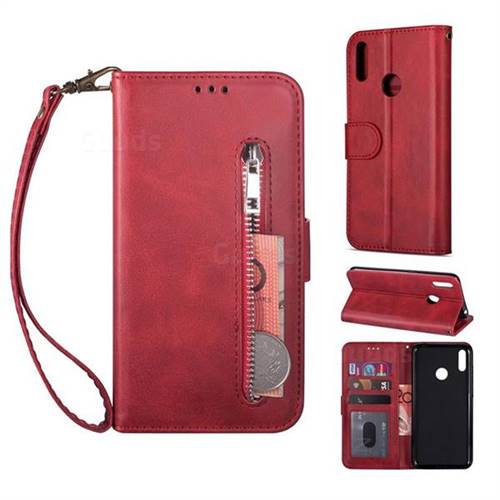 Retro Calfskin Zipper Leather Wallet Case Cover for Huawei Honor 8A - Red