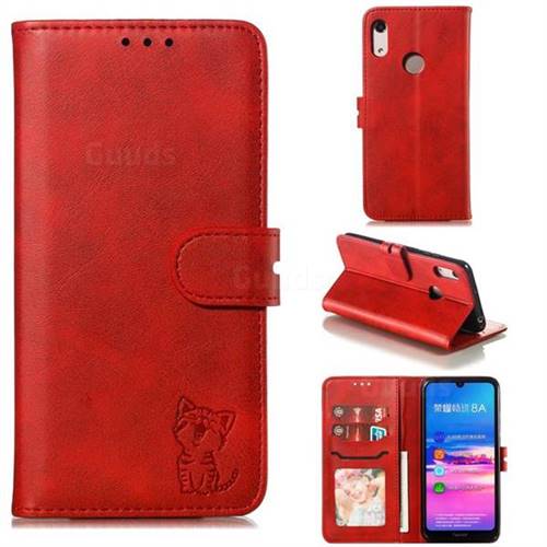 Embossing Happy Cat Leather Wallet Case for Huawei Honor 8A - Red