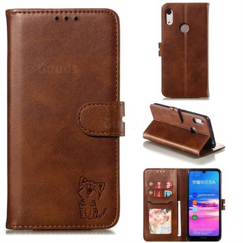 Embossing Happy Cat Leather Wallet Case for Huawei Honor 8A - Brown