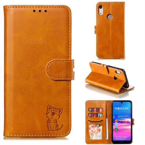 Embossing Happy Cat Leather Wallet Case for Huawei Honor 8A - Yellow