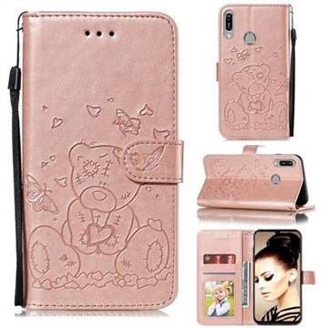 Embossing Butterfly Heart Bear Leather Wallet Case for Huawei Honor 8A - Rose Gold