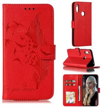 Intricate Embossing Lychee Feather Bird Leather Wallet Case for Huawei Honor 8A - Red