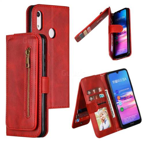 Multifunction 9 Cards Leather Zipper Wallet Phone Case for Huawei Honor 8A - Red