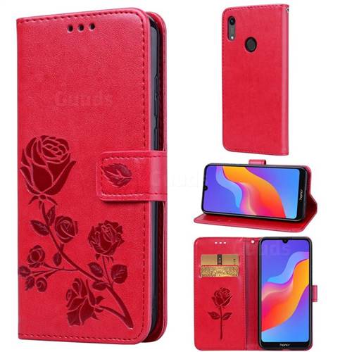 Embossing Rose Flower Leather Wallet Case for Huawei Honor 8A - Red