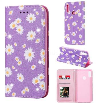 Ultra Slim Daisy Sparkle Glitter Powder Magnetic Leather Wallet Case for Huawei Honor 8A - Purple