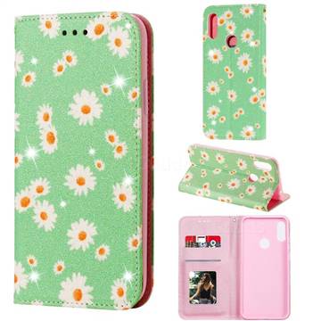 Ultra Slim Daisy Sparkle Glitter Powder Magnetic Leather Wallet Case for Huawei Honor 8A - Green
