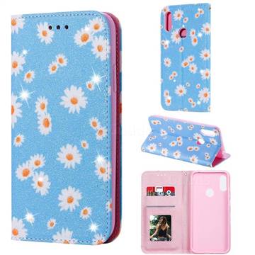 Ultra Slim Daisy Sparkle Glitter Powder Magnetic Leather Wallet Case for Huawei Honor 8A - Blue