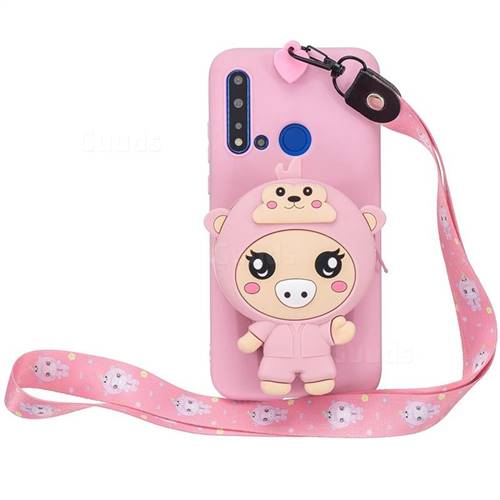 Pink Pig Neck Lanyard Zipper Wallet Silicone Case for Huawei Honor 8C