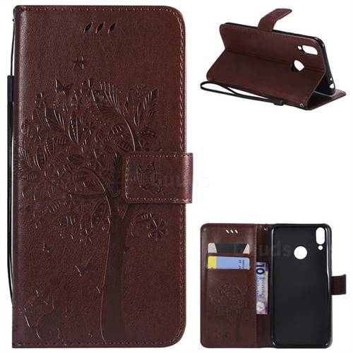 Embossing Butterfly Tree Leather Wallet Case for Huawei Honor 8C - Coffee