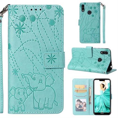 Embossing Fireworks Elephant Leather Wallet Case for Huawei Honor 8C - Green