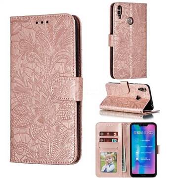 Intricate Embossing Lace Jasmine Flower Leather Wallet Case for Huawei Honor 8C - Rose Gold